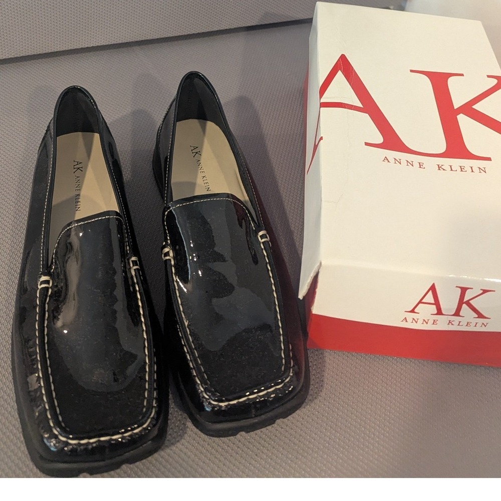 Anne Klein Black Patent Leather Square Toe Loafers Shoes w/ Box Women's 10 M